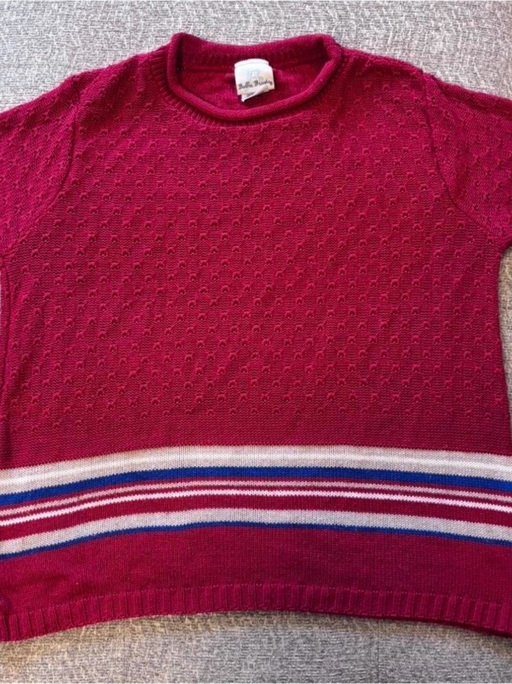 Bobbie Brooks Raspberry Red Knit Crewneck Short Sleeve Sweater with Striped Hem